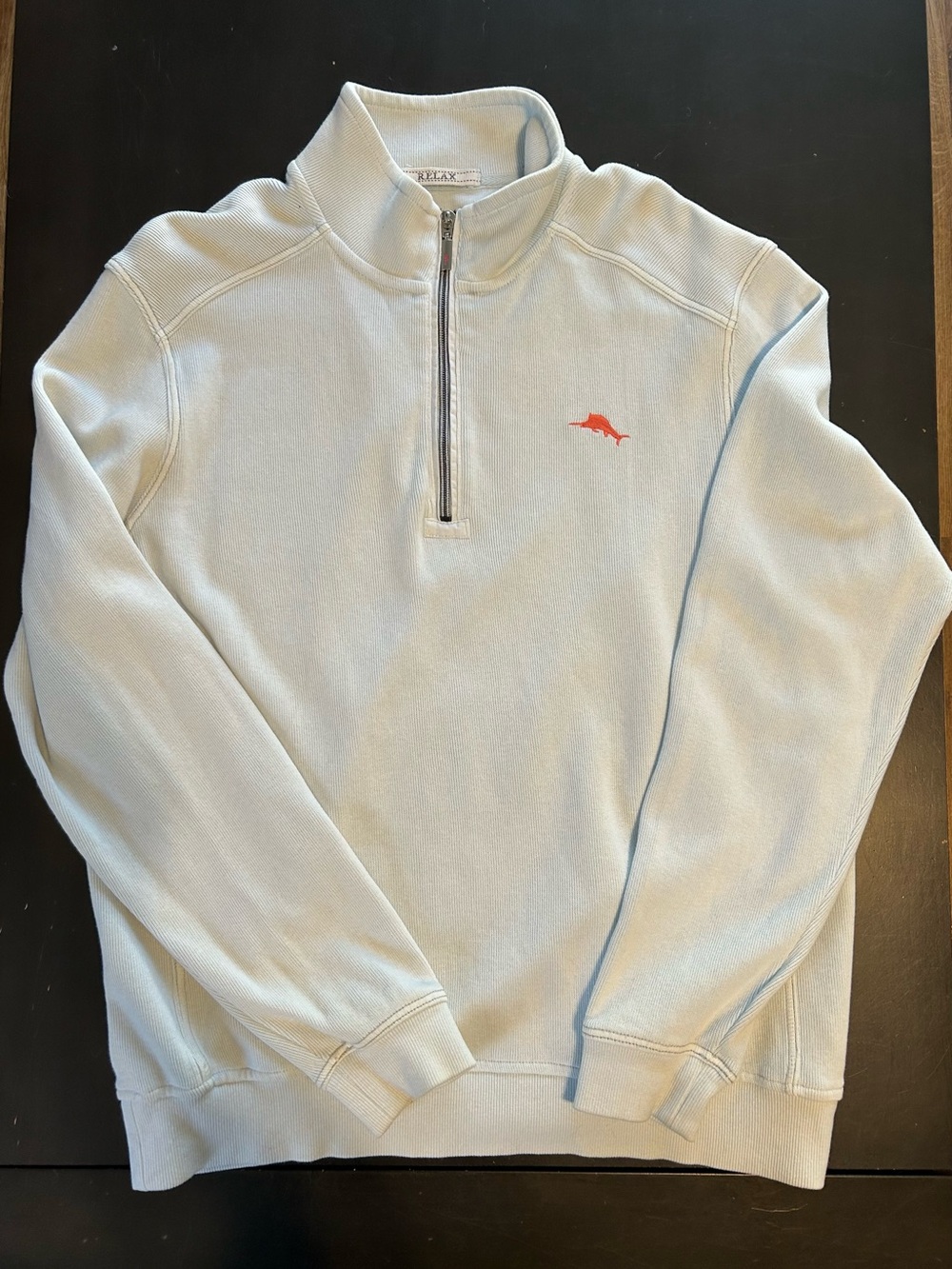 Tommy Bahama Light Blue Quarter-Zip Pullover with Orange Dolphin Logo